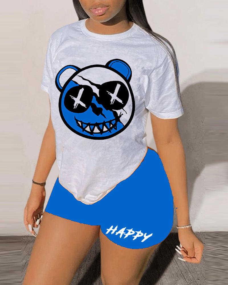 

Cartoon Letter Print Causal Top & Shorts Set, Blue