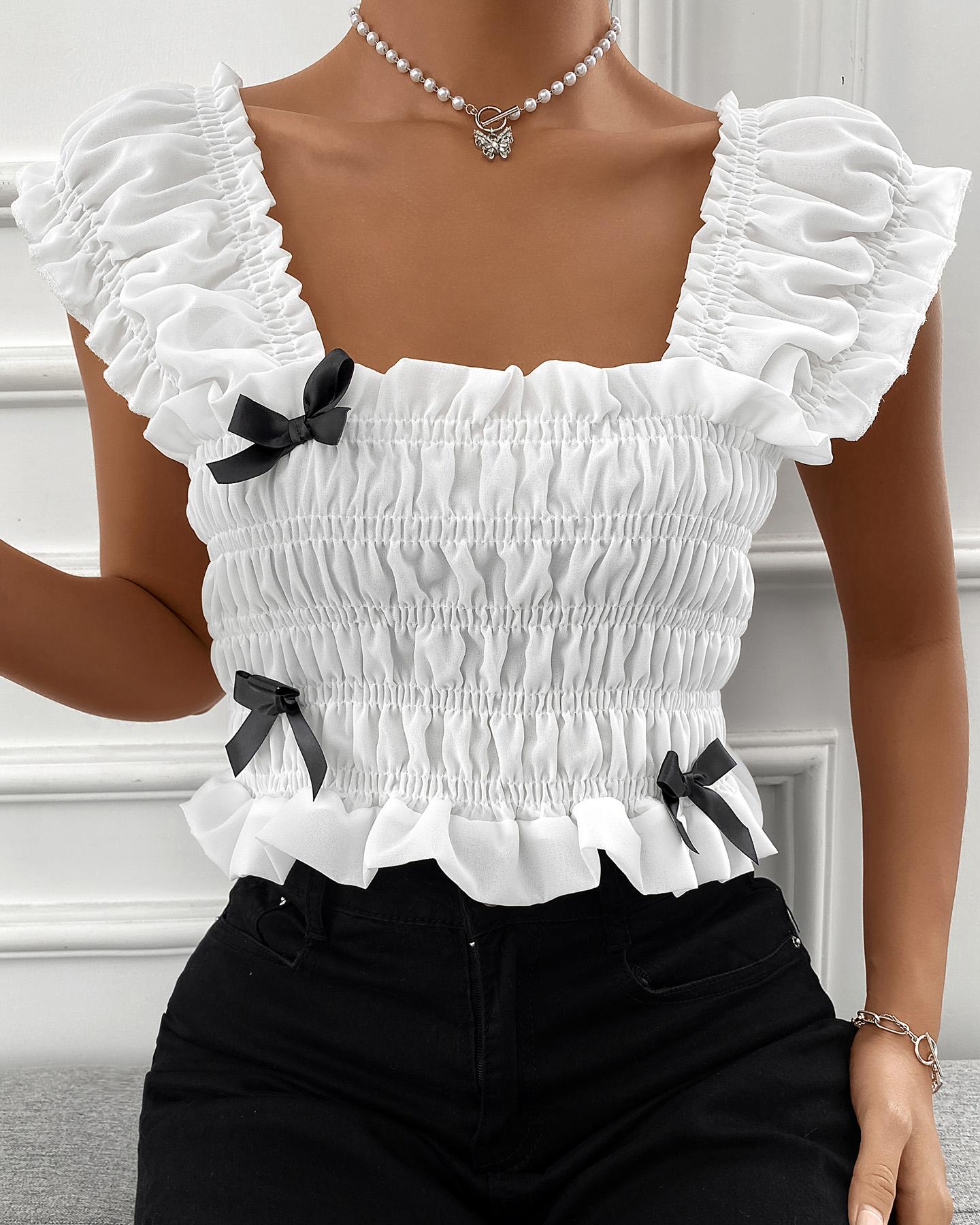 

Bowknot Decor Shirring Detail Frill Hem Crop Top, White