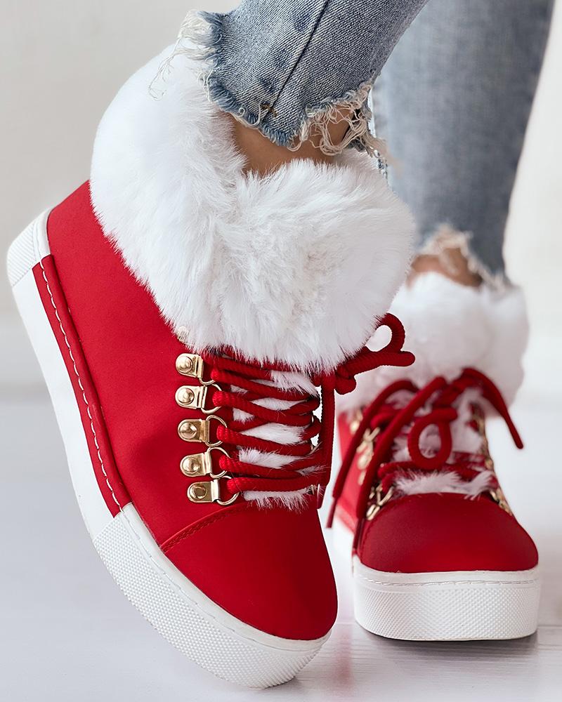 

Lace-up Fuzzy Detail Lined Ankle Boots, Red