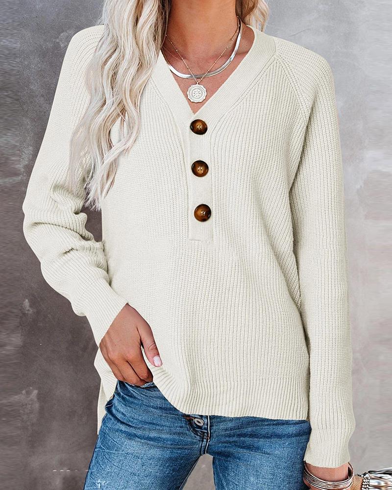 

Long Sleeve V Neck Button Design Knit Sweater, White