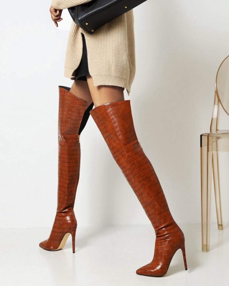 

Womens Point Toe Crocodile Pattern Over The Knee Boots, Brown