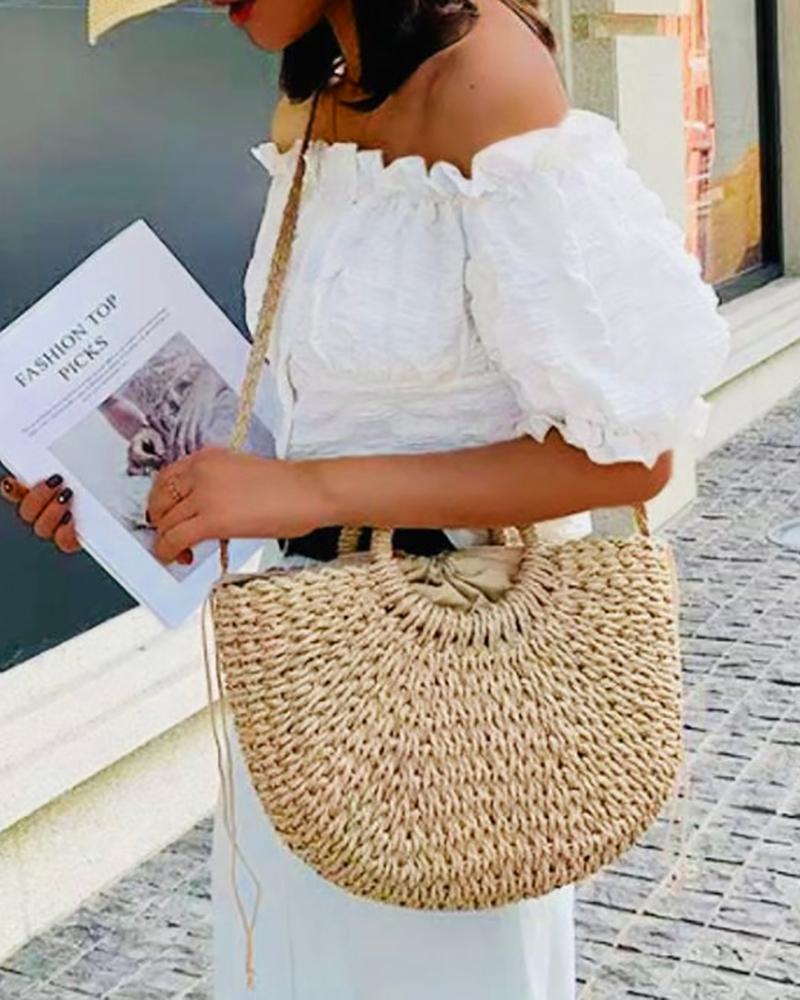 

Detachable Strap Straw Weave Handbag, White