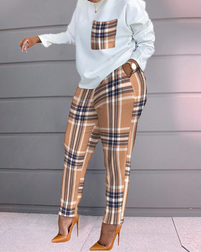 

Plus Size Plaid Print Long Sleeve Top & Pants Set, Khaki