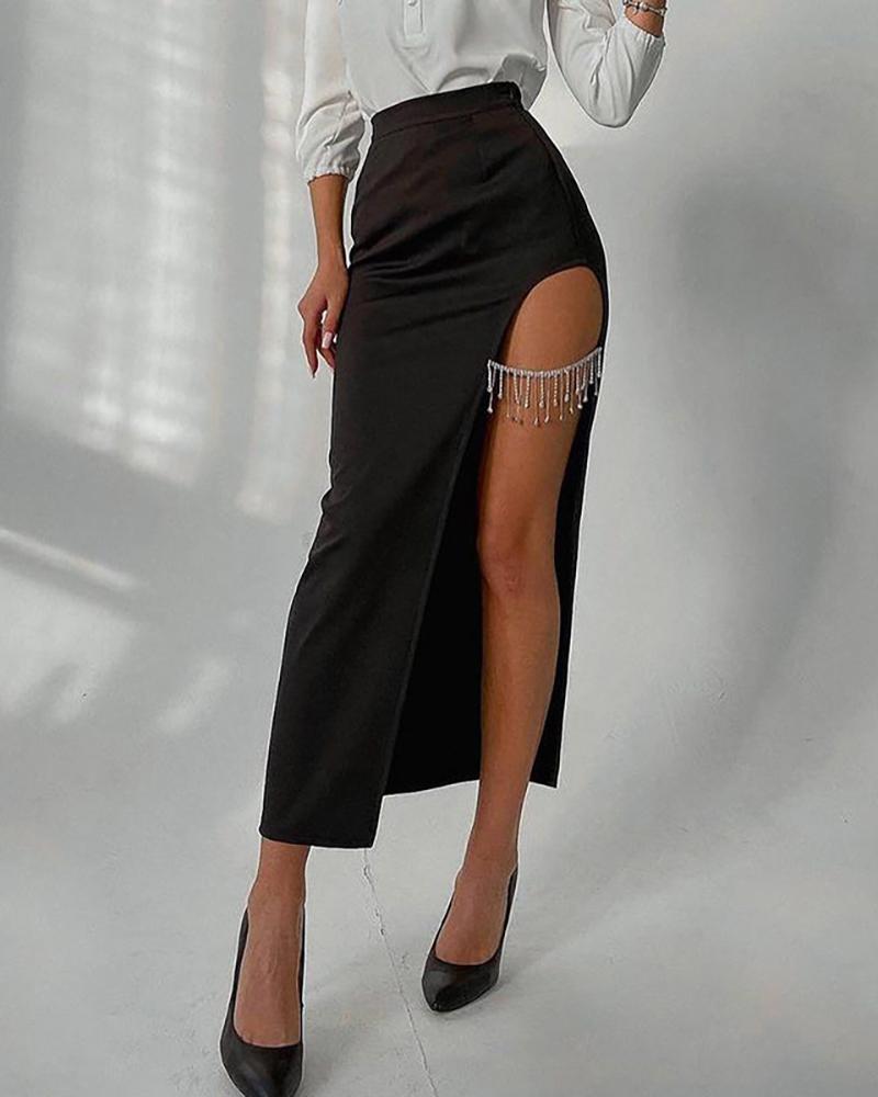 

High Slit Rhinestone Tassel Decor Skirt, Black