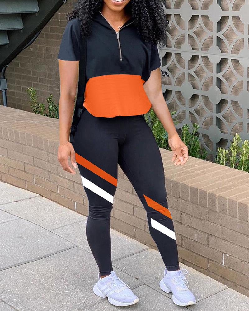 

Colorblock Zipper Design Top & Striped Pants Set, Black