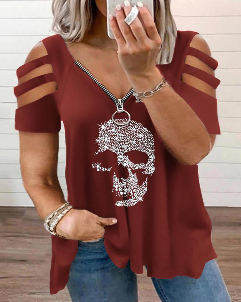 

Plus Size Rhinestone Skull Pattern Cutout Zipper Design T-Shirt, Wine red