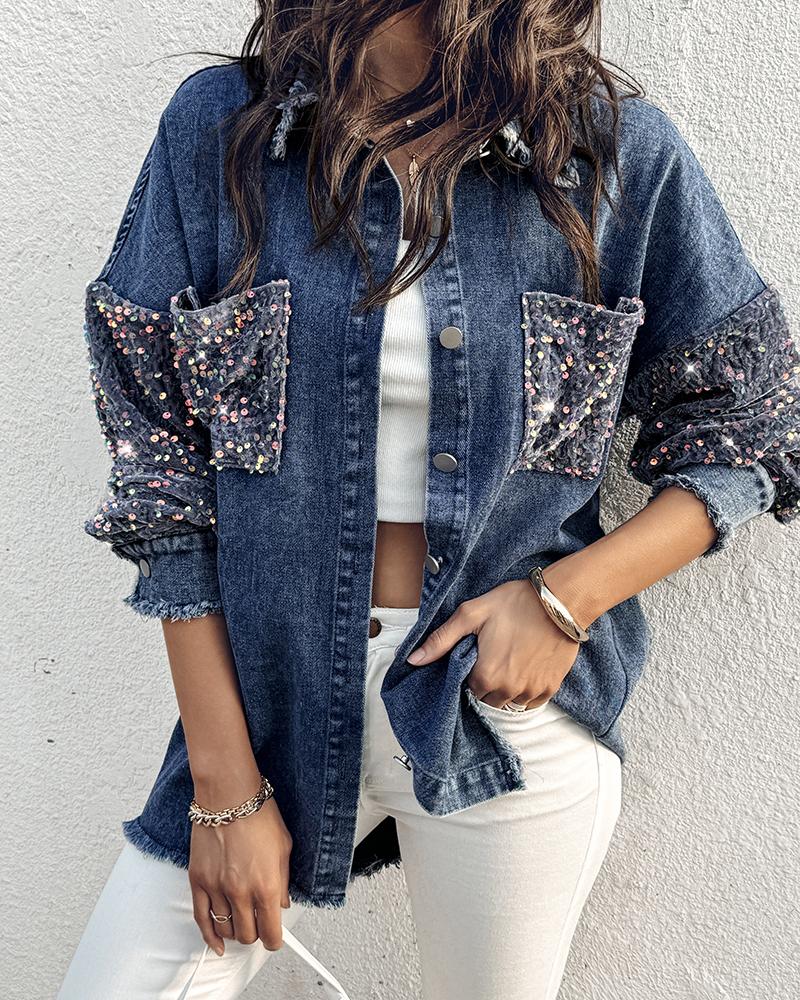 

Turn-down Collar Contrast Sequin Long Sleeve Fringe Hem Denim Jacket Casual Coat, Lighted blue