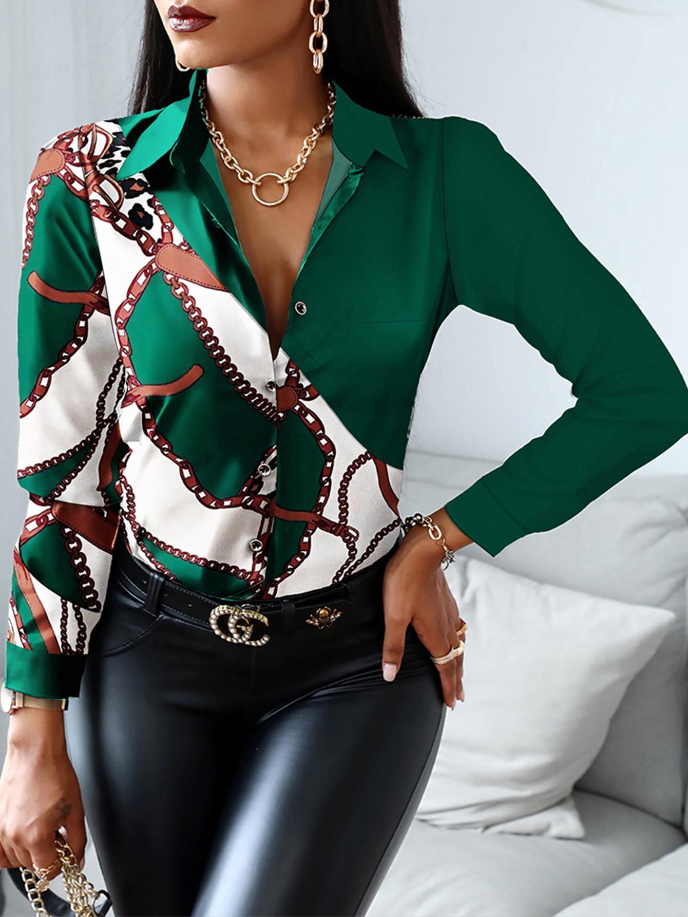 

Scarf Print Colorblock Button-up Top, Green