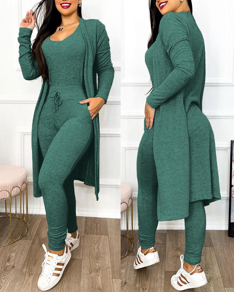 

Drawstring Pocket Design Jumpsuit & Coat Set, Dark green