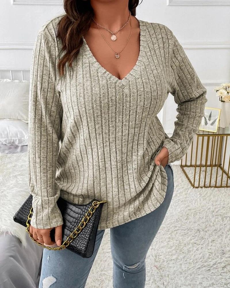 

Plus Size V-Neck Long Sleeve Ribbed Top, Light gray