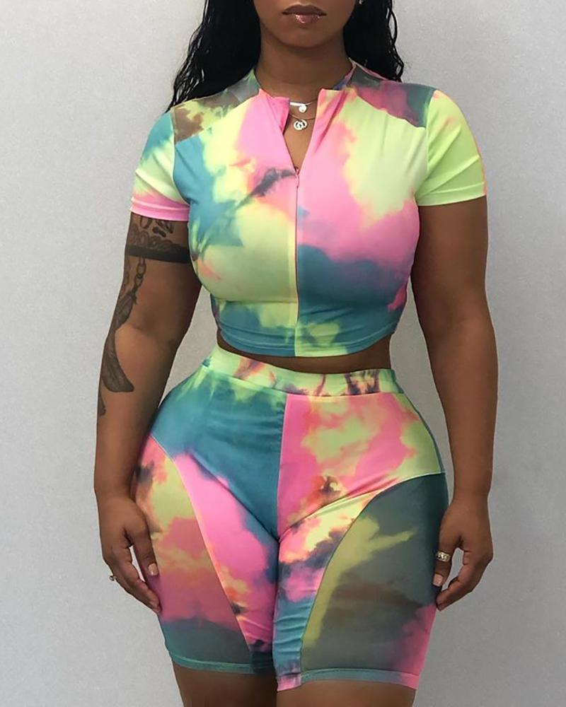 

Zipper Design Tie Dye Print Crop Top & Shorts Set, Multicolor