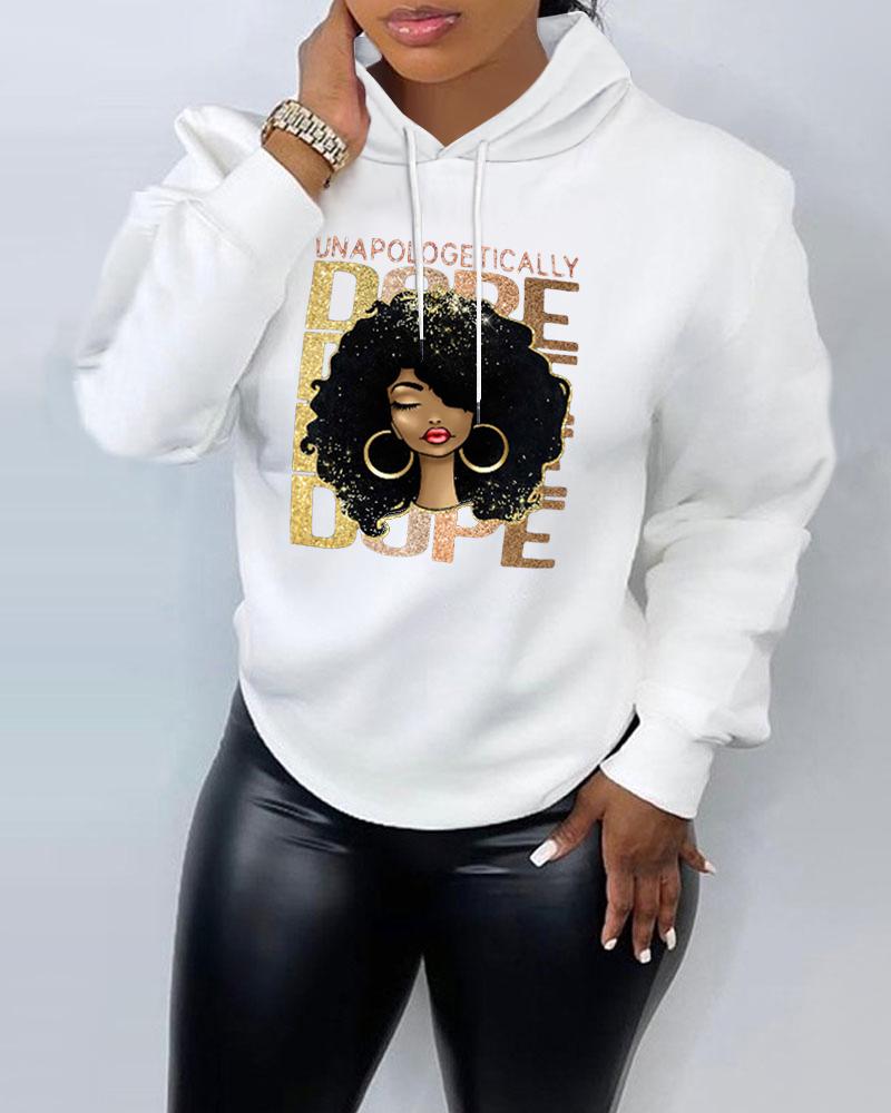 

Plus Size Letter Figure Print Drawstring Hoodie, White