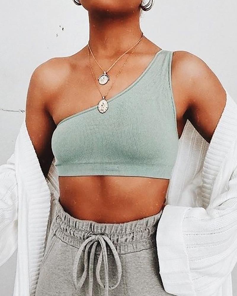 

Plain One Shoulder Basic Crop Top, Green