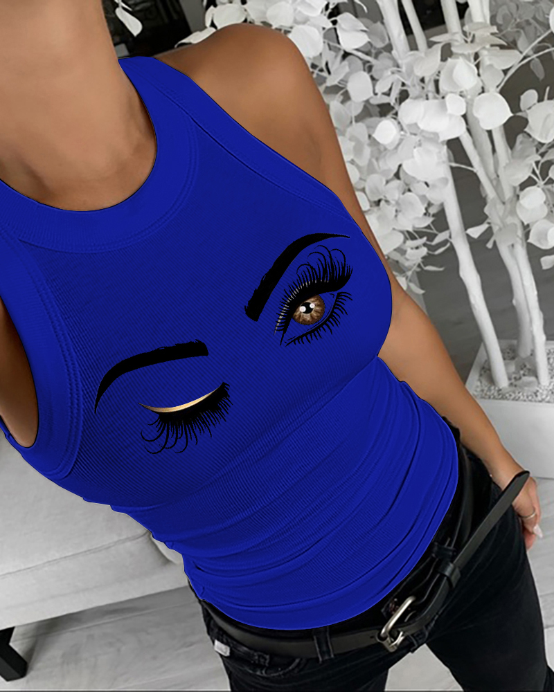 

Eyelash Print Casual Tank Top, Blue