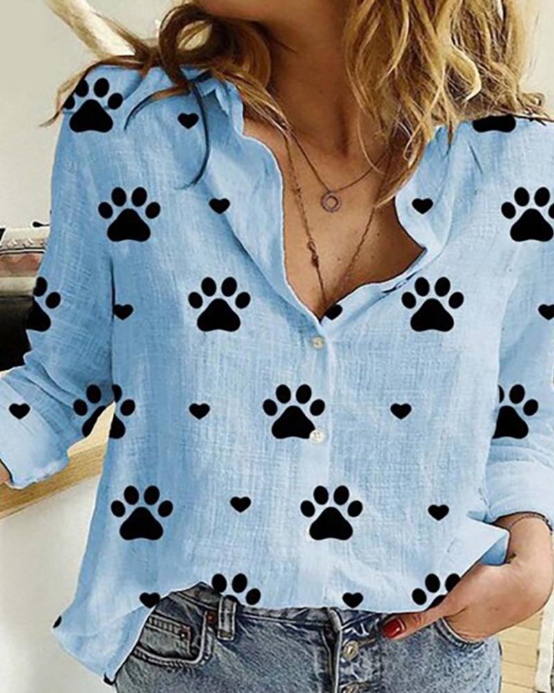 

Paw Print Long Sleeve Casual Shirt, Blue