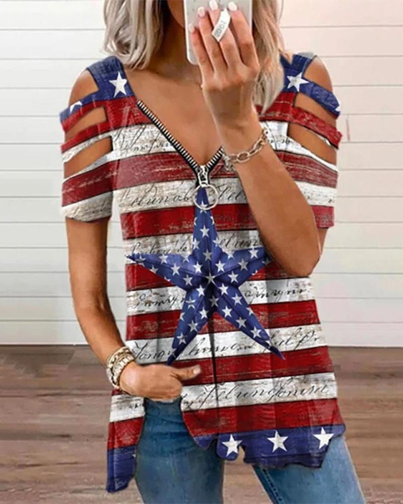 

Cold Shoulder Cutout Zip Front Flag Print Top, Multicolor