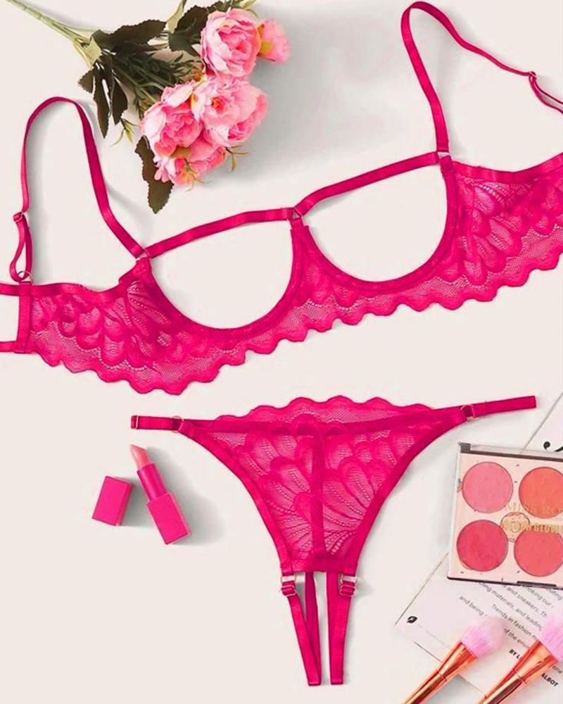 

Crochet Lace Cutout Open Breast Crotchless Lingerie Set, Hot pink