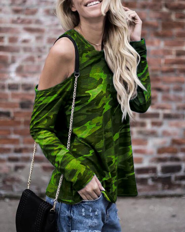 

Camouflage Print Cold Shoulder T-shirt, Green