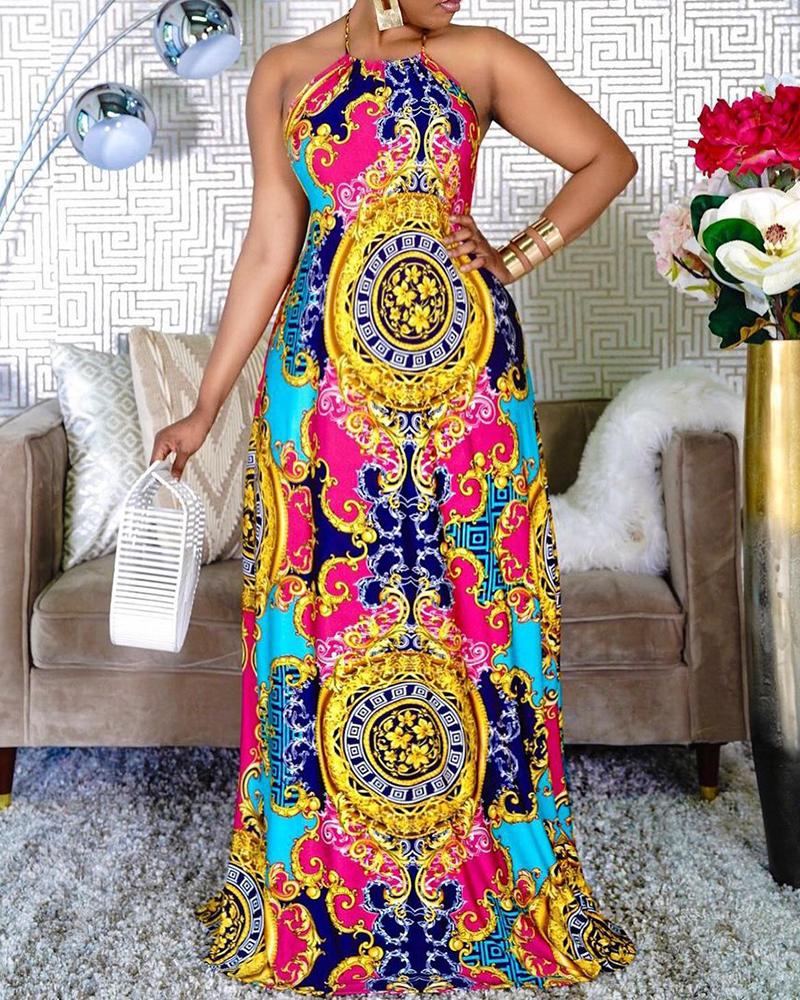 

All Over Print Halter Sleeveless Maxi Dress, Yellow