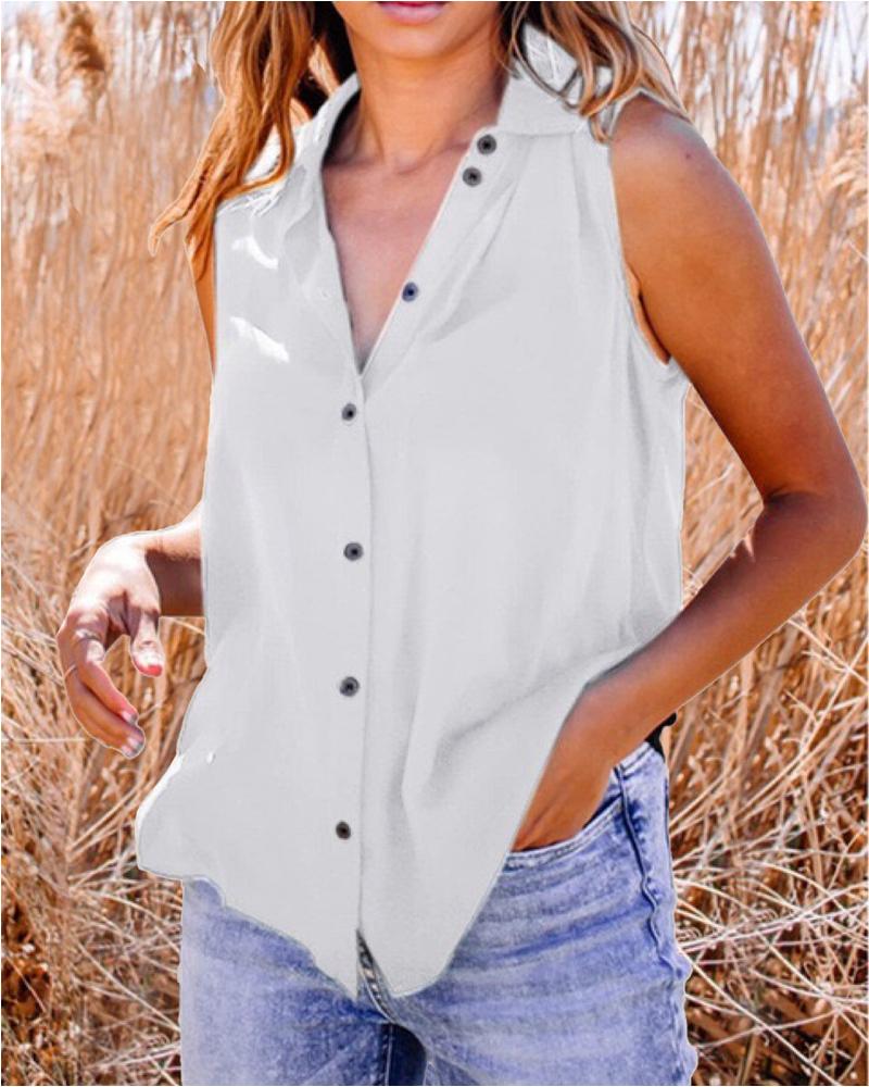 

Sleeveless Plain Button Down Shirt, White