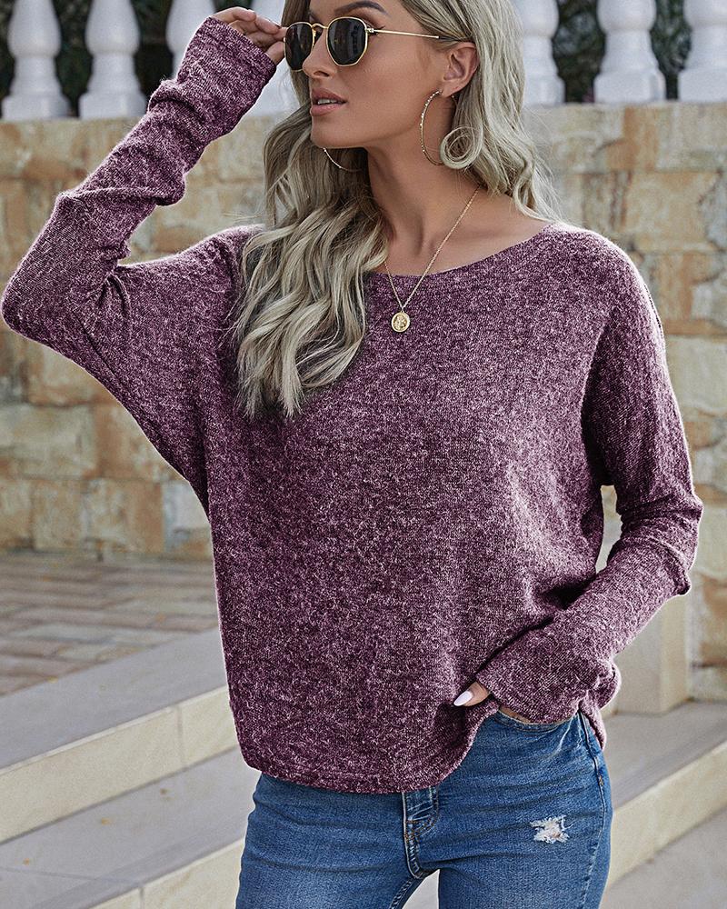 

Plain Log Sleeve One Shoulder Sweater, Purple