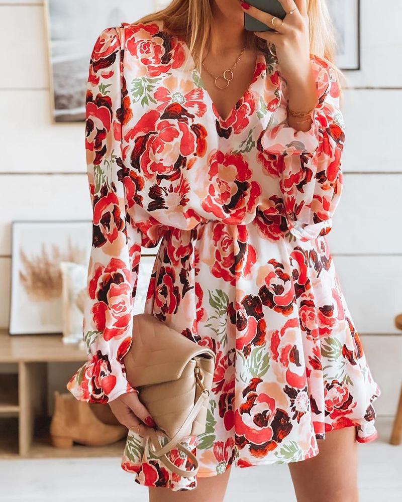 

Floral Print Puff Lantern Sleeve V Neck Dress, Style2