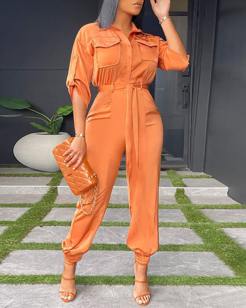 

Button Pocket Design Tied Detail Jumpsuit, Orange