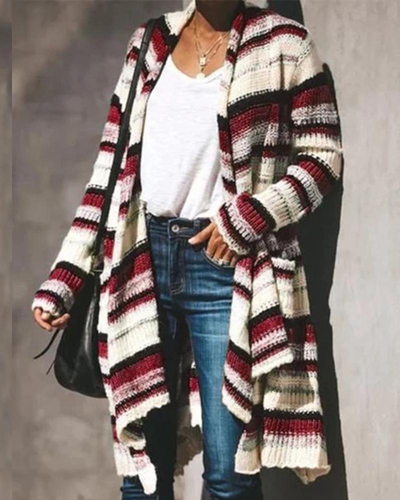 

Colorblock Striped Longline Casual Cardigan, Red