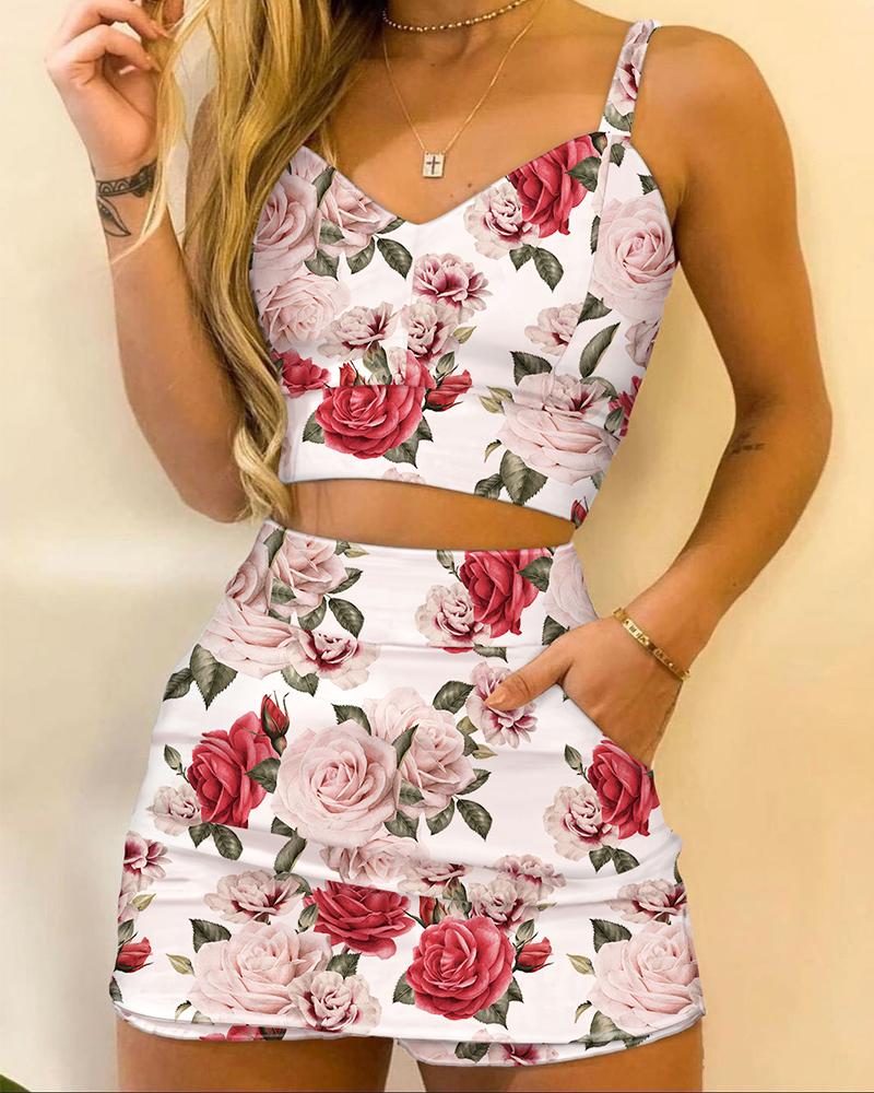 

Floral Print Crop Cami Top & Pocket Design Skorts Set, Multicolor