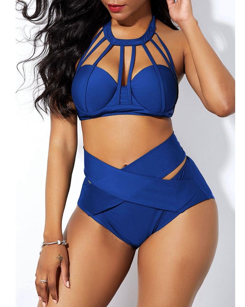 

Halter Cutout Sleeveless Bikini Set, Blue