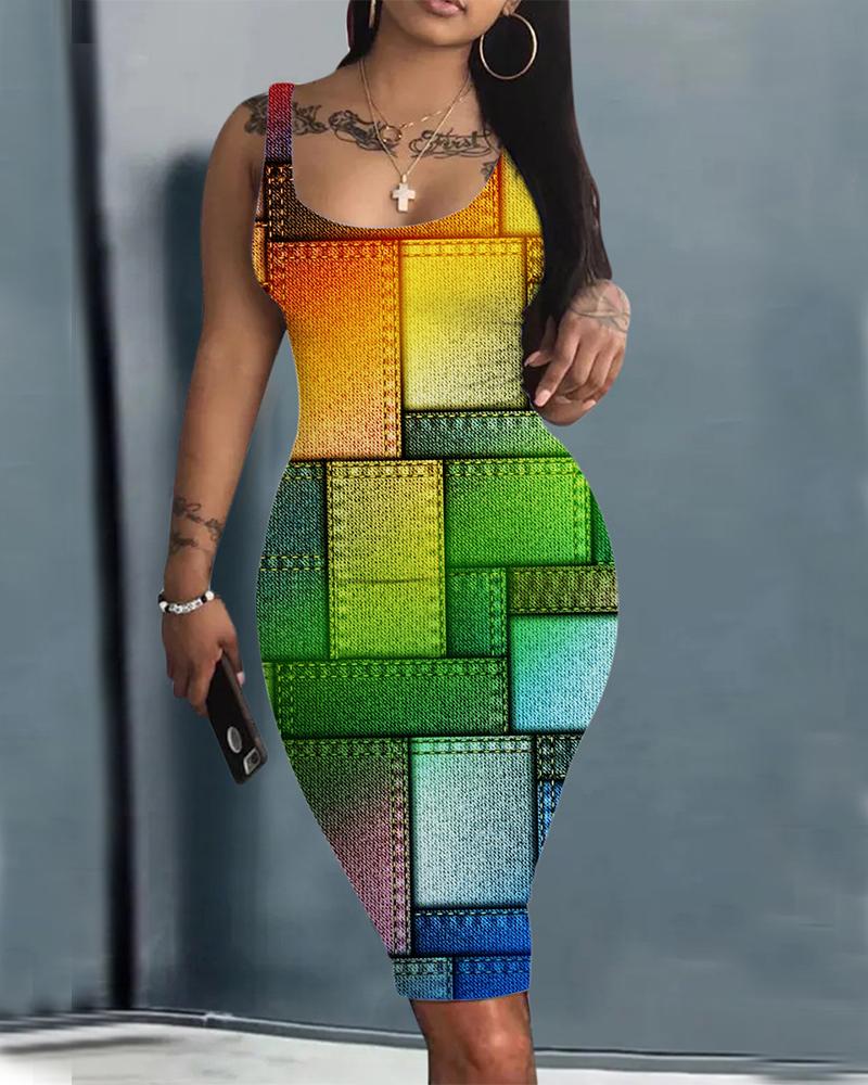 

Denim Look Print Rainbow Ombre Sleeveless Bodycon Dress, Multicolor