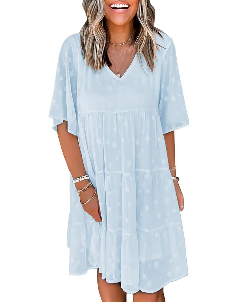 

Star Pattern V-Neck Casual Dress, Sky blue