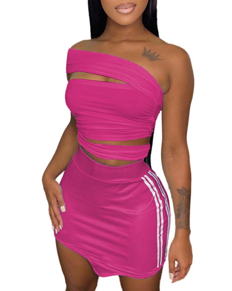 

Off Shoulder Cutout Top & Striped Print Skirt Set, Hot pink