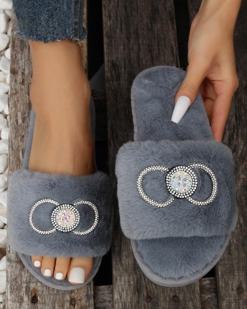 

Rhinestone Bowknot Design One Strap Fuzzy Slippers, Gray