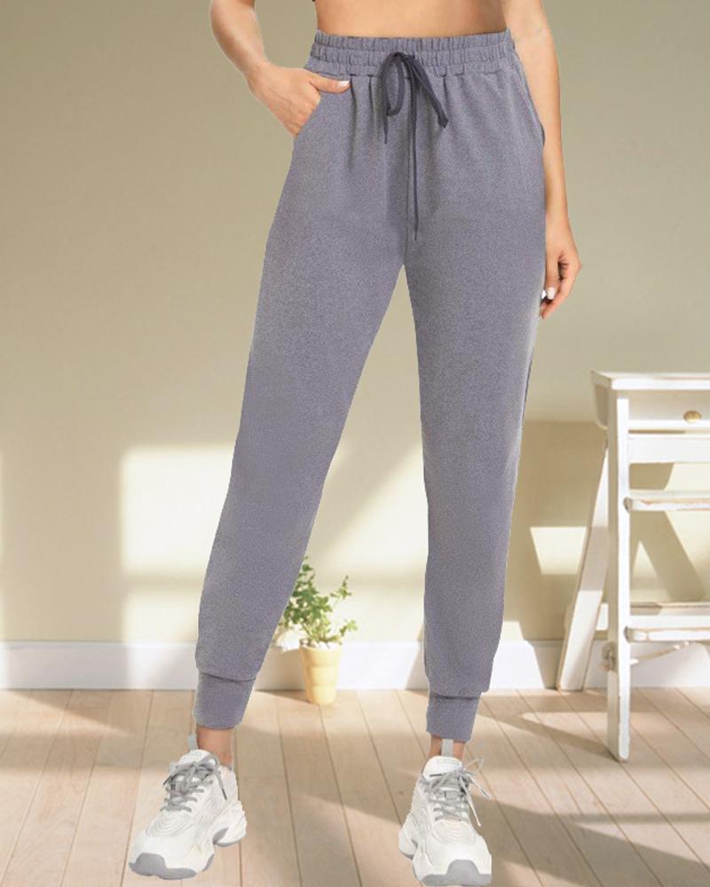 

Drawstring High Waist Fleece Lined Yoga Pants, Light gray