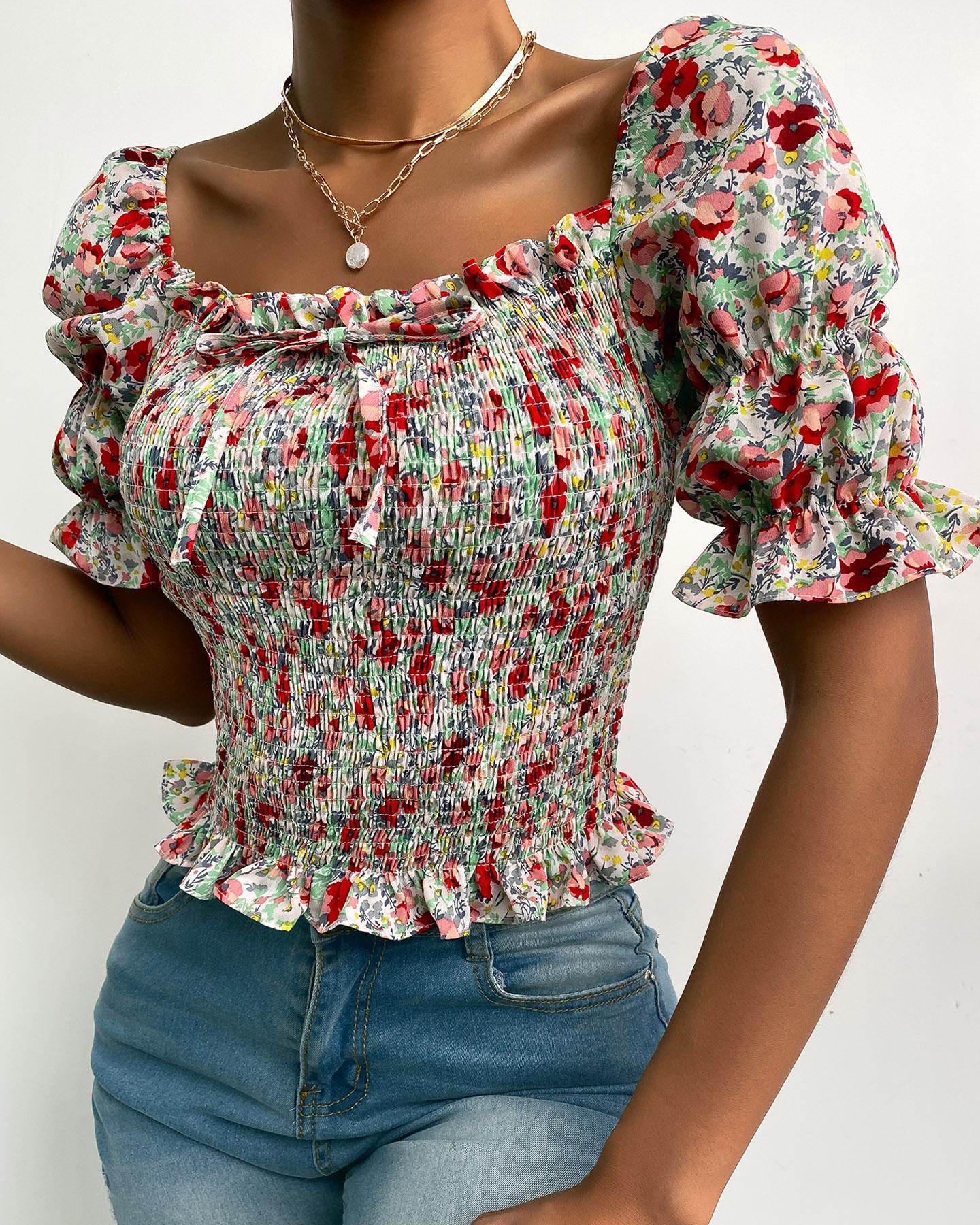 

Floral Print Puff Sleeve Shirred Lace Up Frill Hem Top, Red