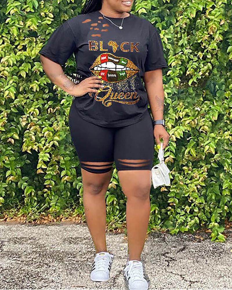

Plus Size Letter Lip Print Cutout Top & Shorts Set, Black