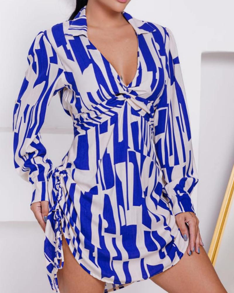 

All Over Print Turn-down V-Neck Twisted Side Drawstring Shirt Dress, Blue