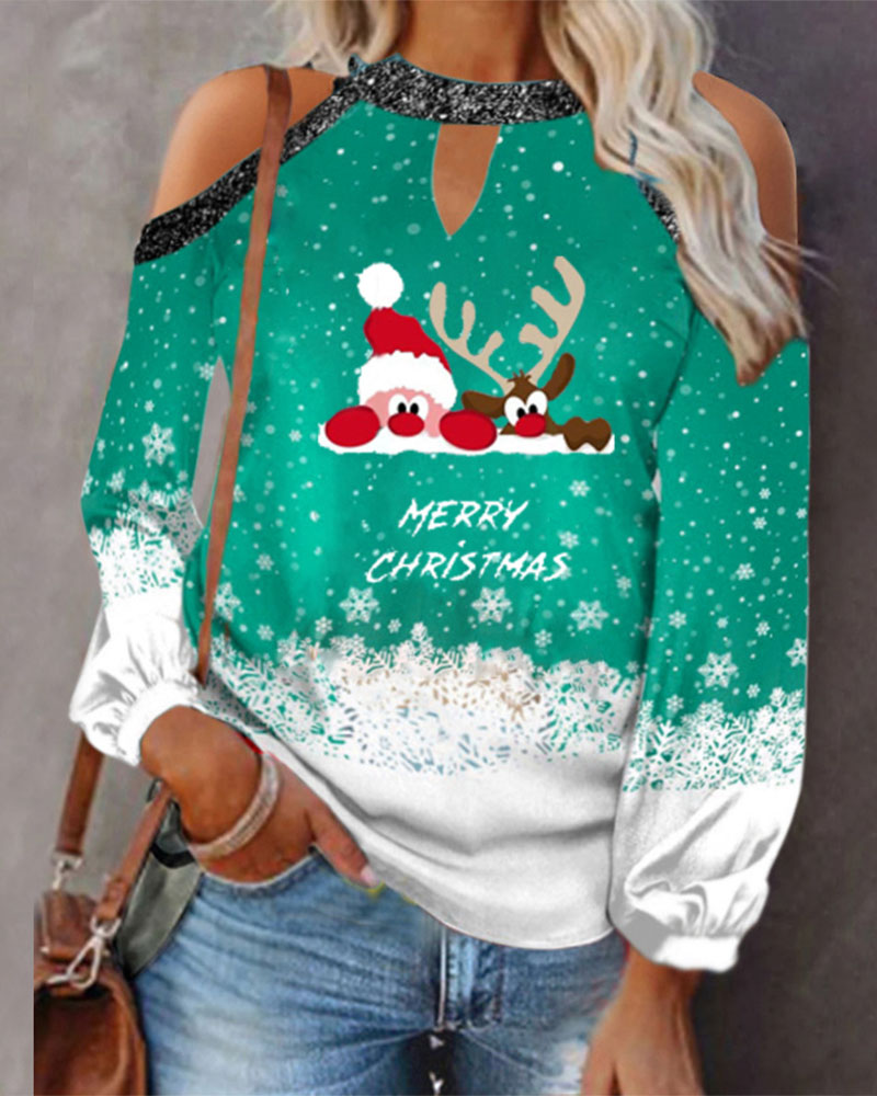 

Merry Christmas Snowflake Cartoon Elk Print Cold Shoulder Top, Green