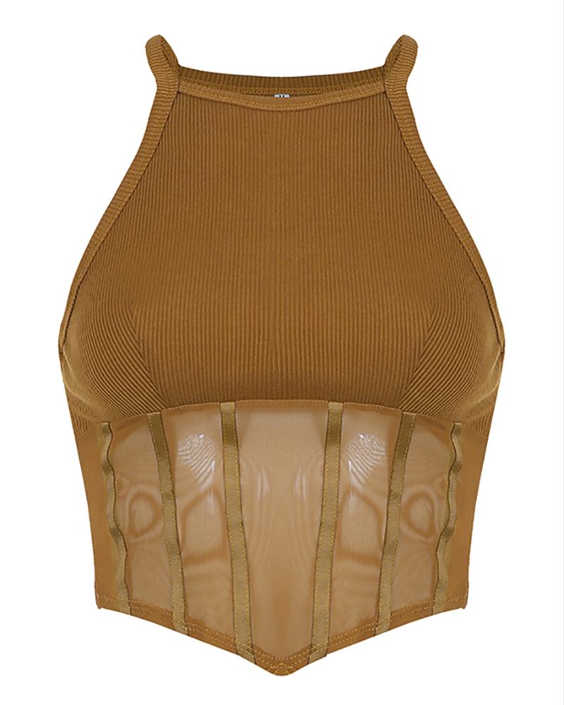 

Sleeveless Sheer Mesh Corset Top & Pants Set, Brown