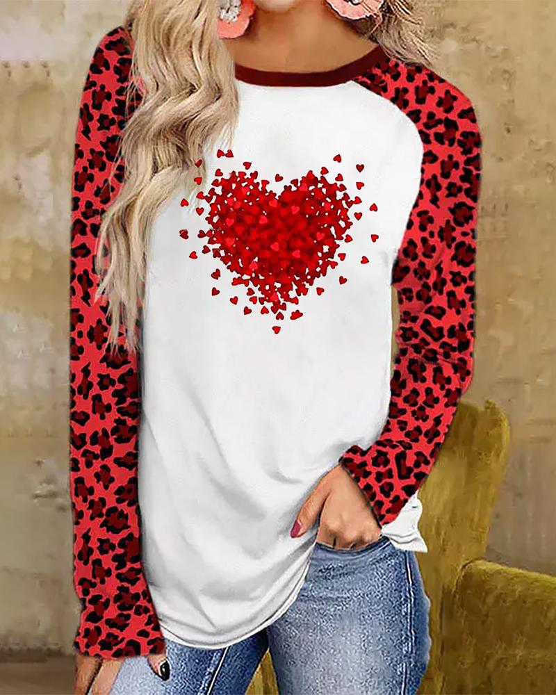 

Valentine's Day Heart Leopard Print Long Sleeve Top, Red