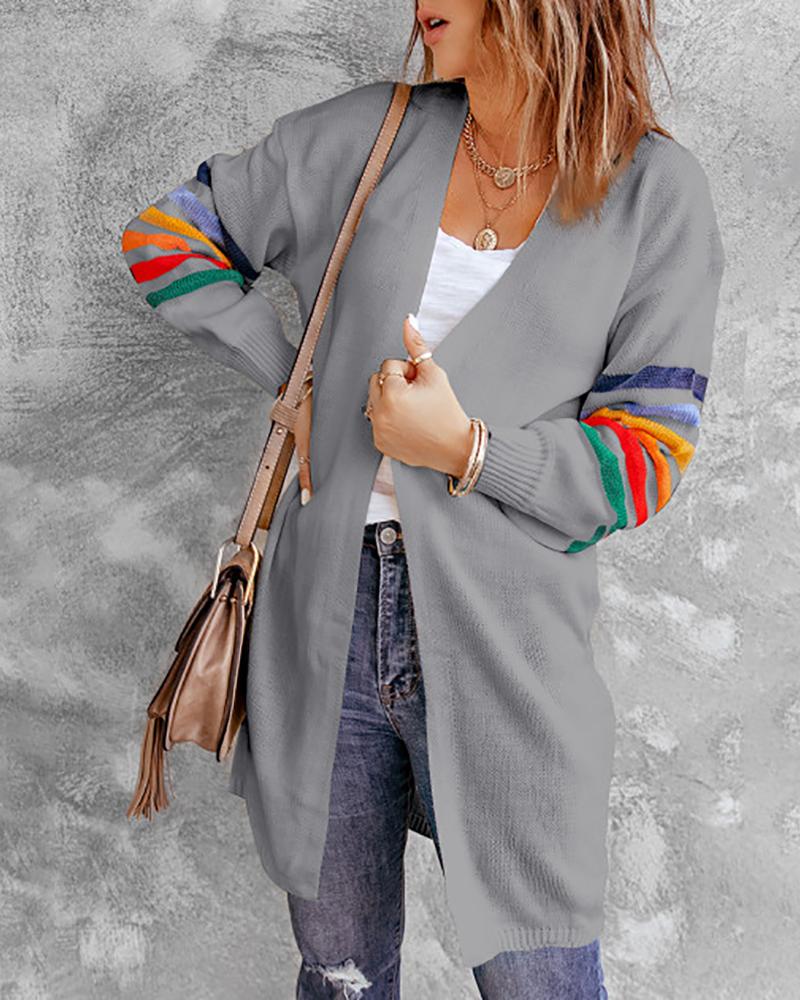 

Striped Print Bishop Sleeve Casual Cardigan, Gray