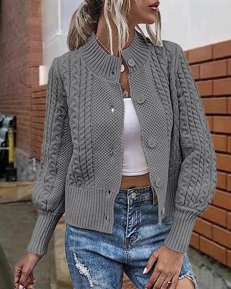 

Long Sleeve Button Front Cable Knit Cardigan, Gray