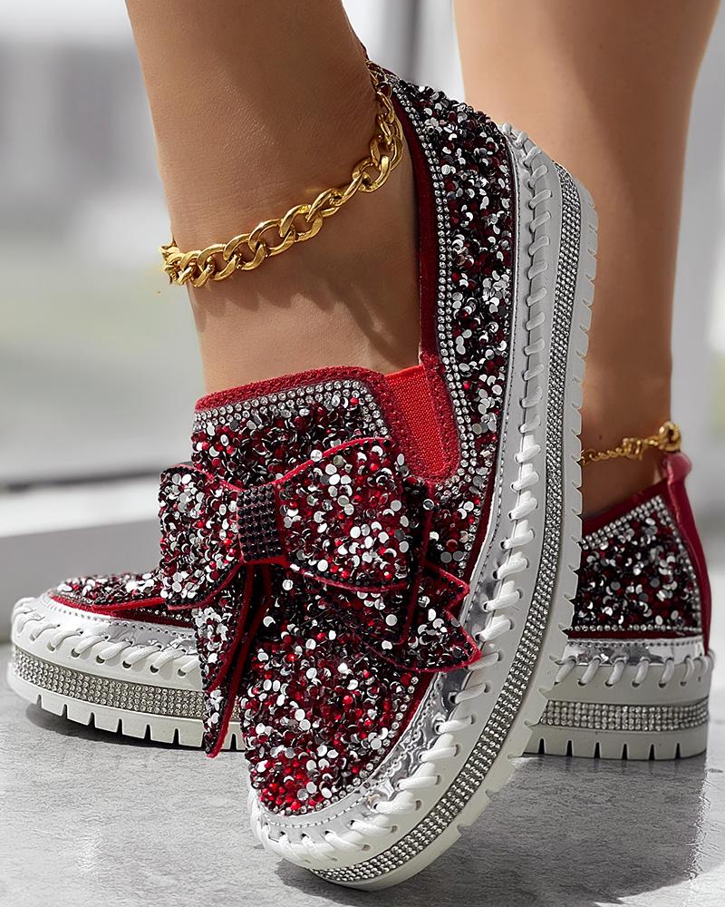 

Bowknot Design Platform Sequin Loafers, Red