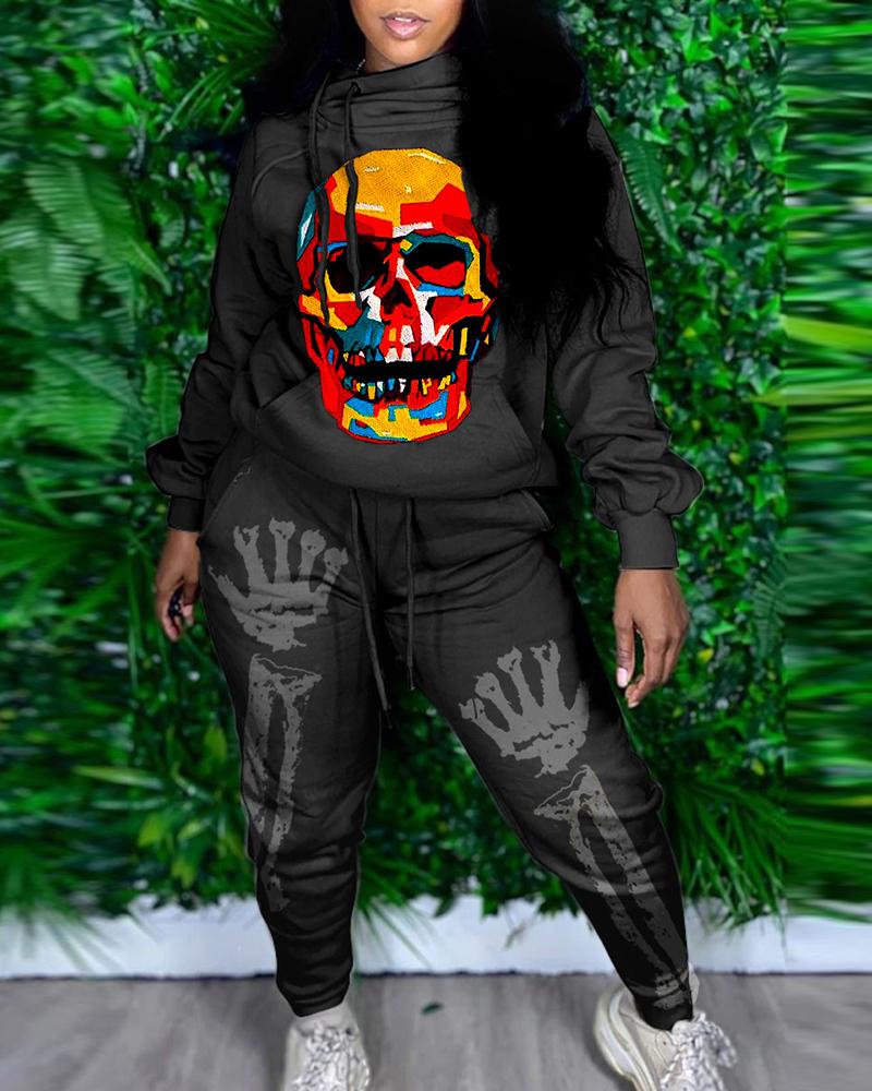 

Halloween Skull Print Hooded Top & Drawstring Pants Set, Black