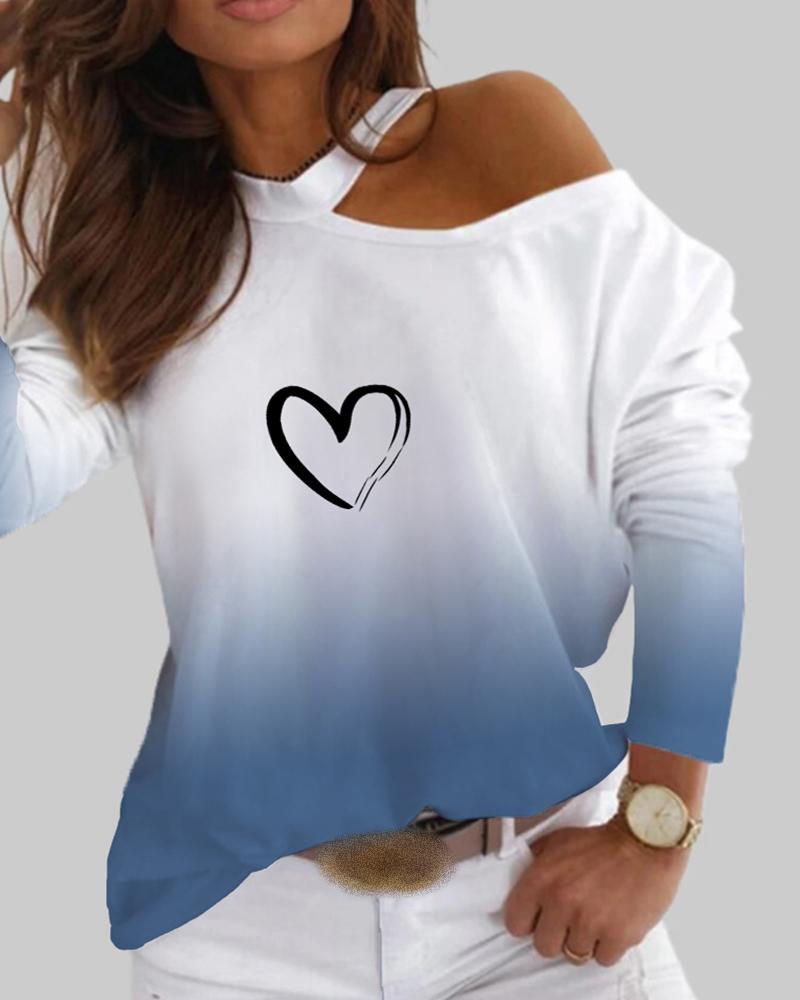 

Colorblock Heart Print Cold Shoulder Top, Blue