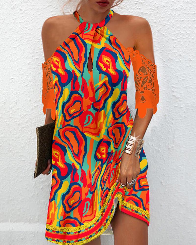 

Multi-Color Abstract Print Cold Shoulder Casual Dress, Multicolor