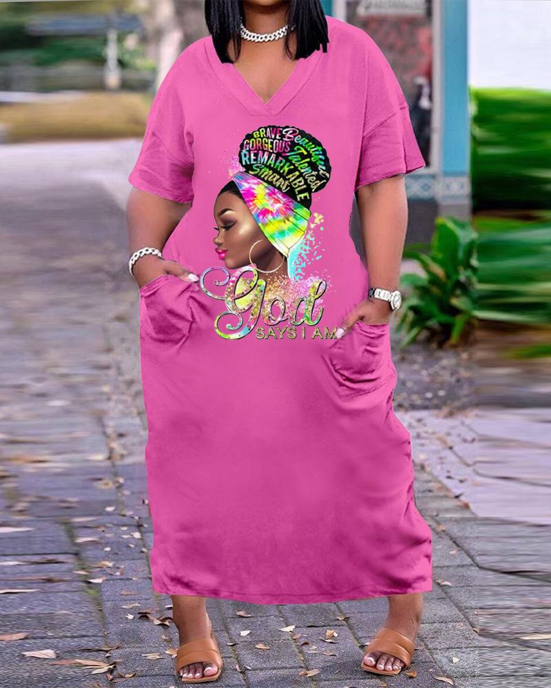 

Plus Size Figure Letter Print V-Neck Pocket Design Casual Dress, Pink
