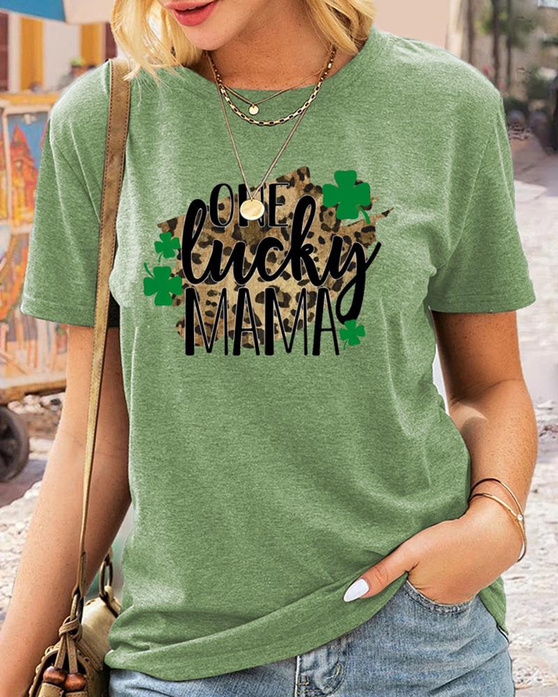 

St.Patrick' Day Letter Cheetah Clover Print Short Sleeve T-Shirt, Green