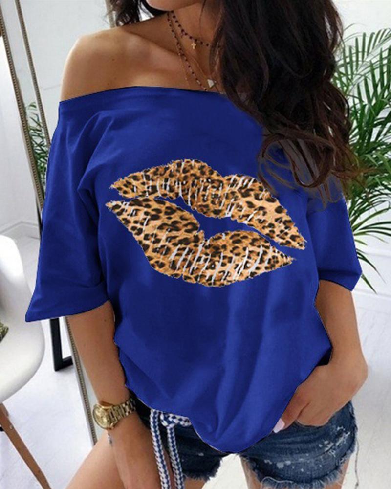 

Lip Letter Print Off Shoulder Long Sleeve Blouse, Blue